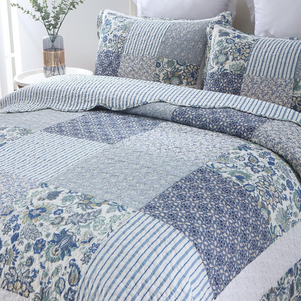 Cotton Bedspread Quilt Bedding Sets 3 Pieces Reversible Coverlet Sets Comforters Vintage Floral Patchwork Blue Bedspread (Blue Vintage Floral, King Size)
