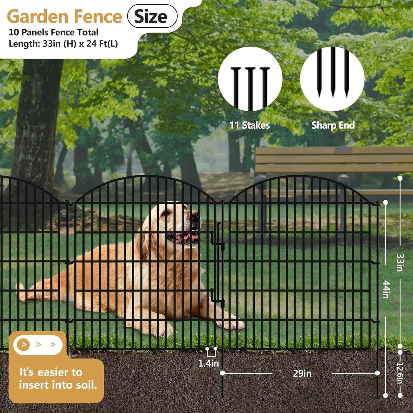 10 Panels Garden Fence Animal Barrier with Lock, 33in (H) x 24ft (L) Dog Fences Outdoor for Yard No Dig Rustproof Decorative Tall Metal Panel Border Rabbits Temporary Ground Stakes Fencing