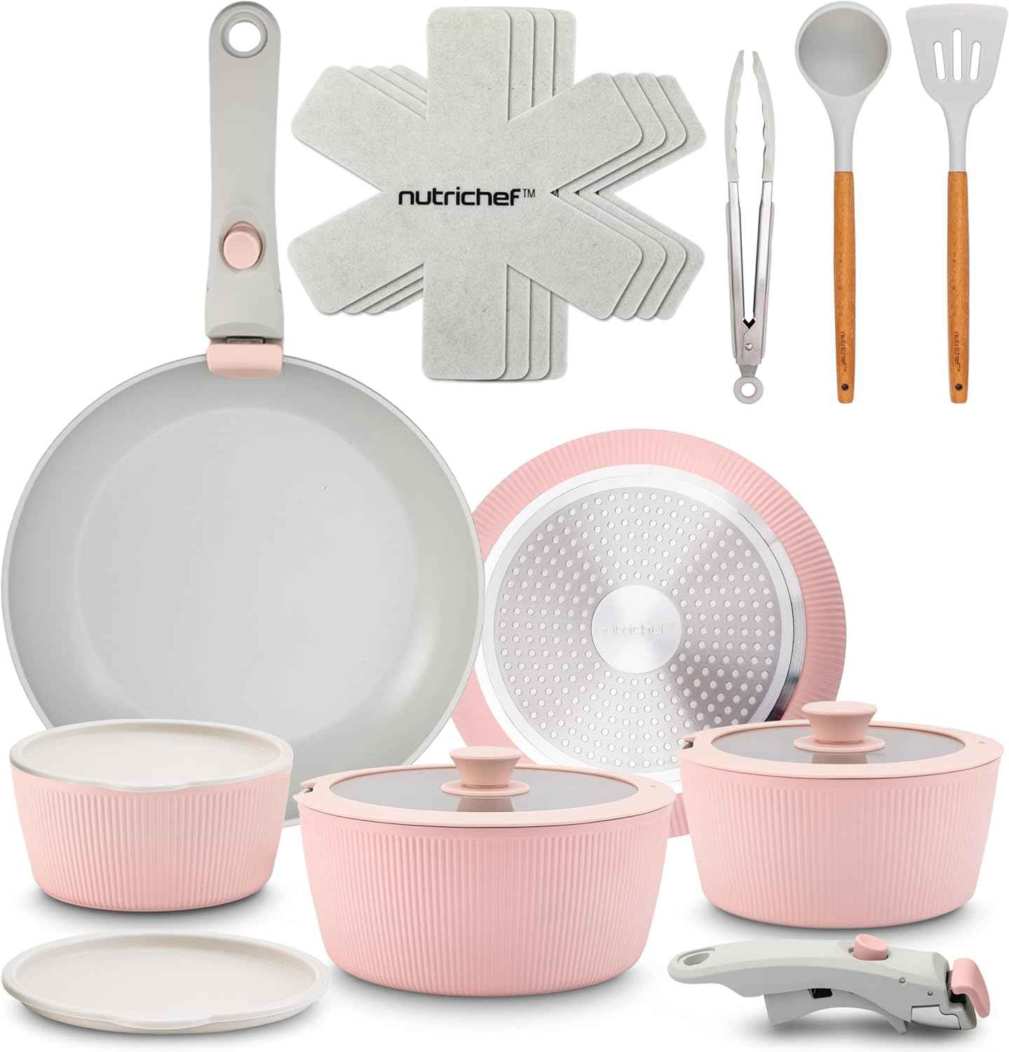 NutriChef 18-Piece Ceramic Cookware Set with Detachable Handles, Space-Saving Nonstick Pots, Pans & Lids, Oven-Safe Bowls, Stackable Storage, Includes Cooking Utensils & Accessories (Pink)