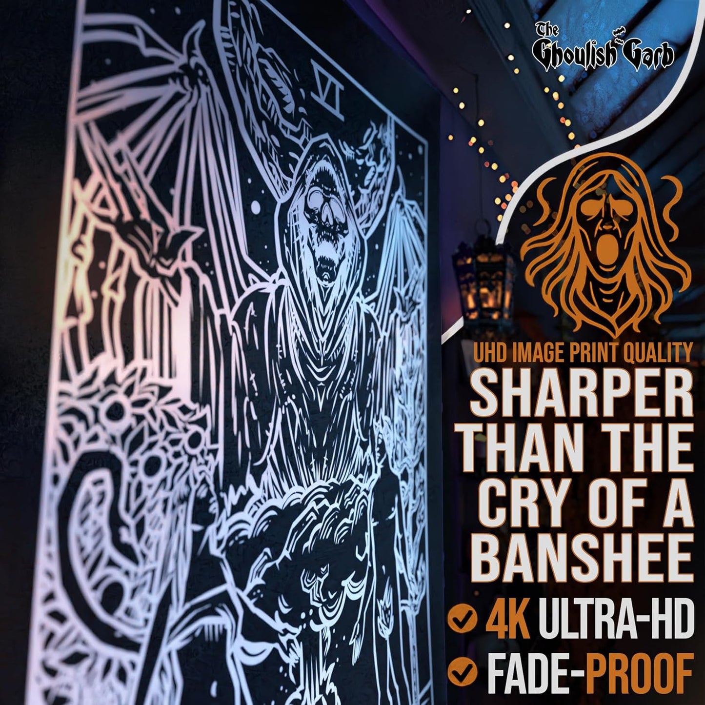 The Lovers Tarot Card Tapestry (Black & White) - Grim Reaper - Gothic Couple Halloween Home Decor Wall Hanging (80" x 68")