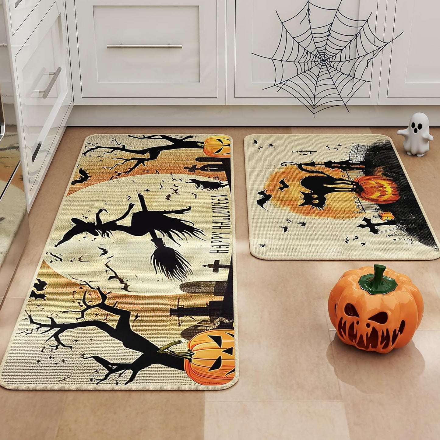Halloween Kitchen Mat Set of 2, Spooky Witch Pumpkin Cat Halloween Kitchen Decor, Halloween Rug for Floor, Indoor Spooky Home Decor with Non-Slip Backing,17 x 29 Inch & 17 x 47 Inch