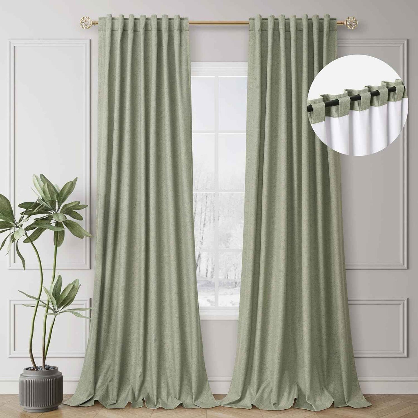 Sage Green Black Out Curtains 100 Inch Length Linen Textured Thermal Insulated Room for Bedroom Living Room Back Tab Rod Pocket Modern Farmhouse Home Window Decor Darkening Curtains 2 Panels Set
