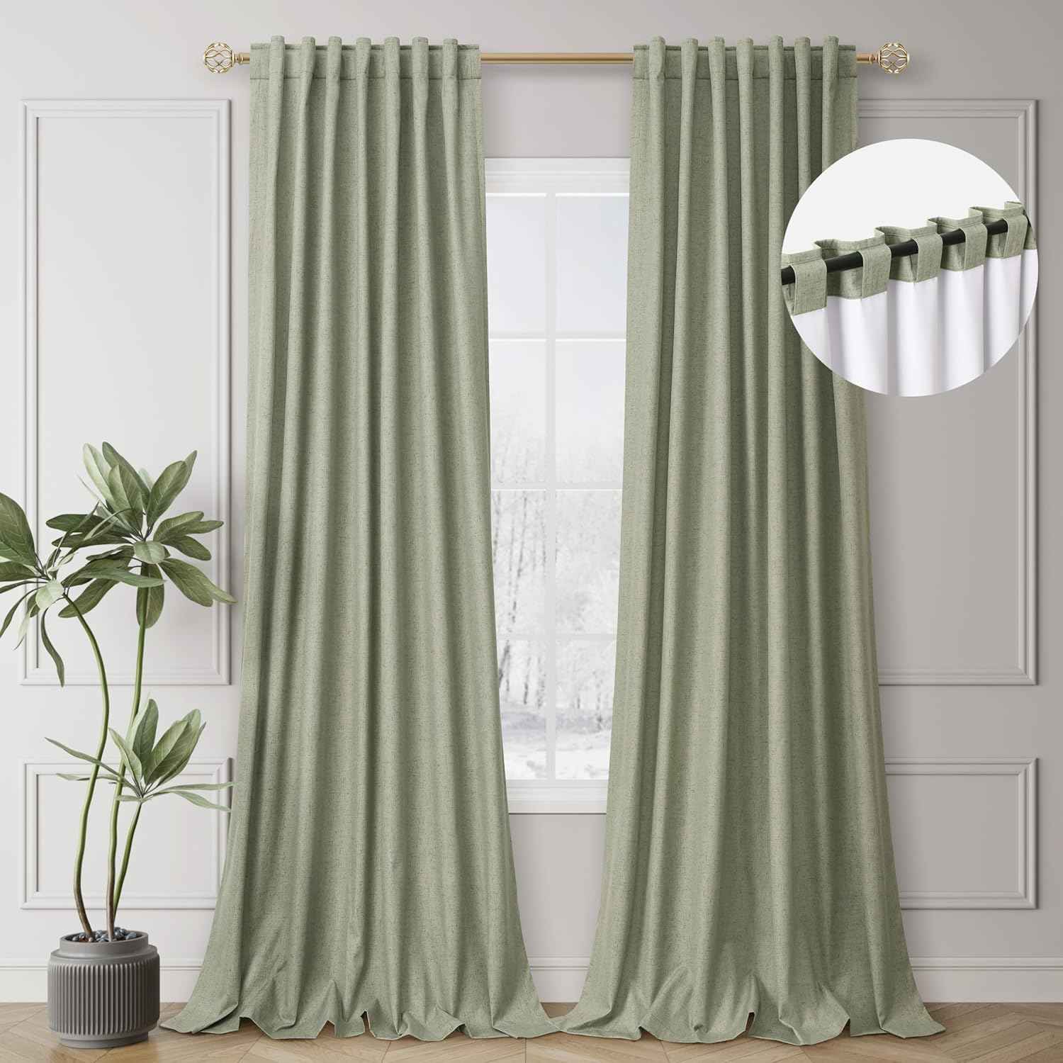 Sage Green Black Out Curtains 100 Inch Length Linen Textured Thermal Insulated Room for Bedroom Living Room Back Tab Rod Pocket Modern Farmhouse Home Window Decor Darkening Curtains 2 Panels Set