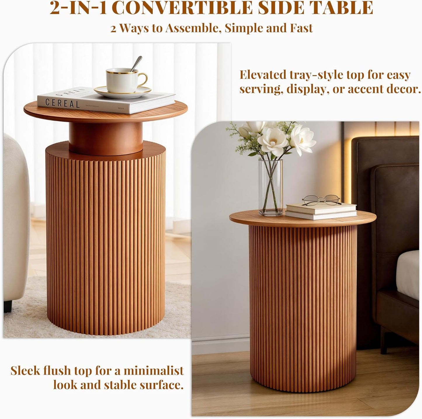 Round Side Table, 24" Fluted End Table with Storage, Mid Century Nightstand Modern Wood Bedside Accent Table, Farmhouse Circle End Tables for Couch, Home, Small Spaces, Bedroom, Living Room