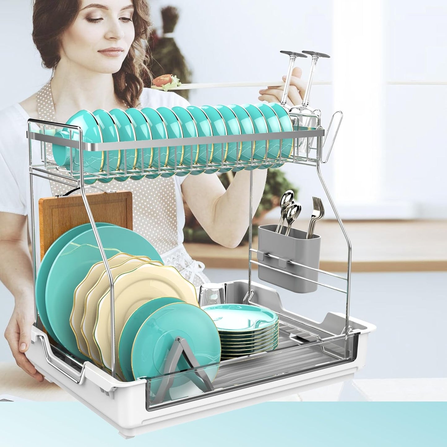 Rustproof Dish Drying Rack, 2 Tier Large Dish Rack,17.13"(L) x 13.2"(W) x 15.35"(H), Detachable Dish Drainer Organizer with Utensil Holder, Drainboard,White