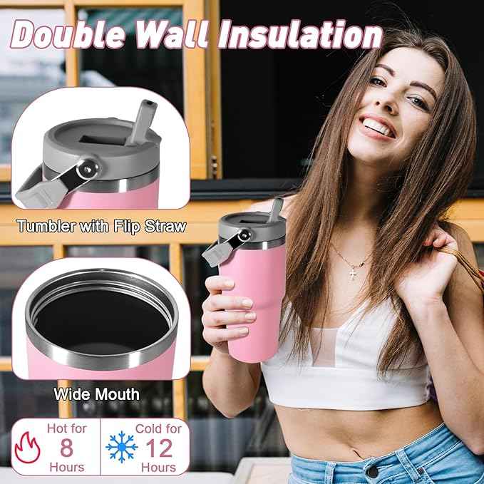 20 oz Tumbler with Handle, Insulated Tumbler with Lid and Flip Straw Leak Proof Double Wall Stainless Steel Vacuum Travel Coffee Mug Insulated Water Bottle Thermal Cup, Cupholder Friendly, Pink