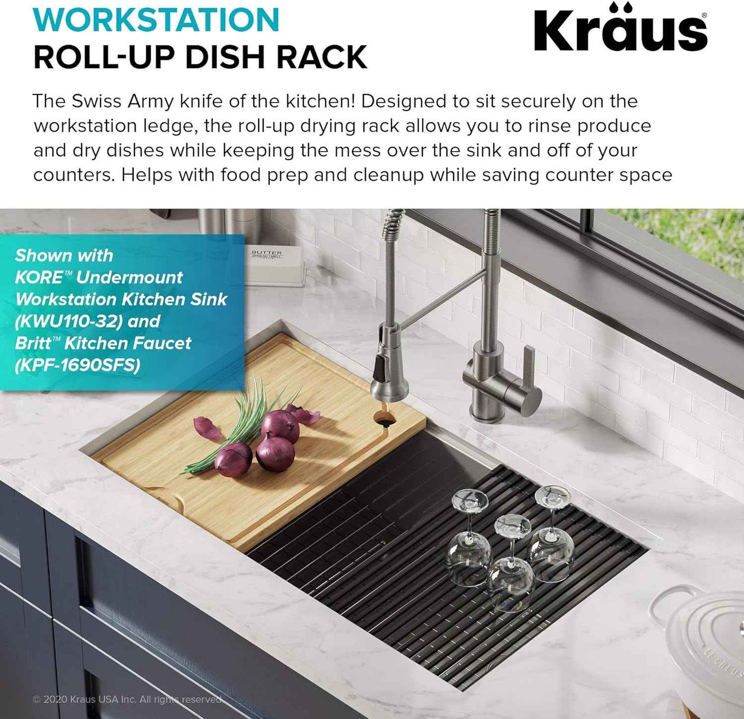 Kraus Multipurpose Workstation Sink Roll-Up Dish Drying Rack, Colander and Trivet in Red, KRM-11RD