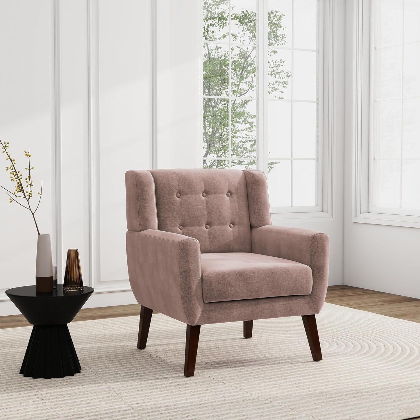 UIXE Accent Chair, Velvet Upholstered Armchair for Living Room, Modern Club Arm Chairs Comfy Single Sofa Button Tufted Bedroom Reading Seat - Skin Pink, Set of 1