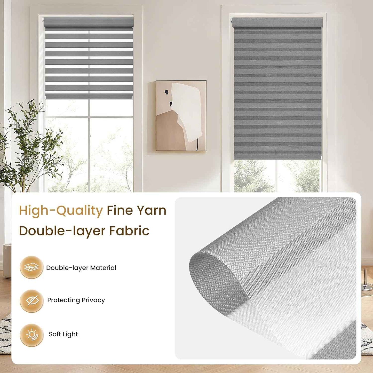 Grandekor No Drill Cordless Zebra Blinds, Dual Layer Light Filtering Day & Night Roller Shades, Inside Mount Free-Stop Privacy Window Shades for Home, Easy Install(35" W x 64" H, Grey)