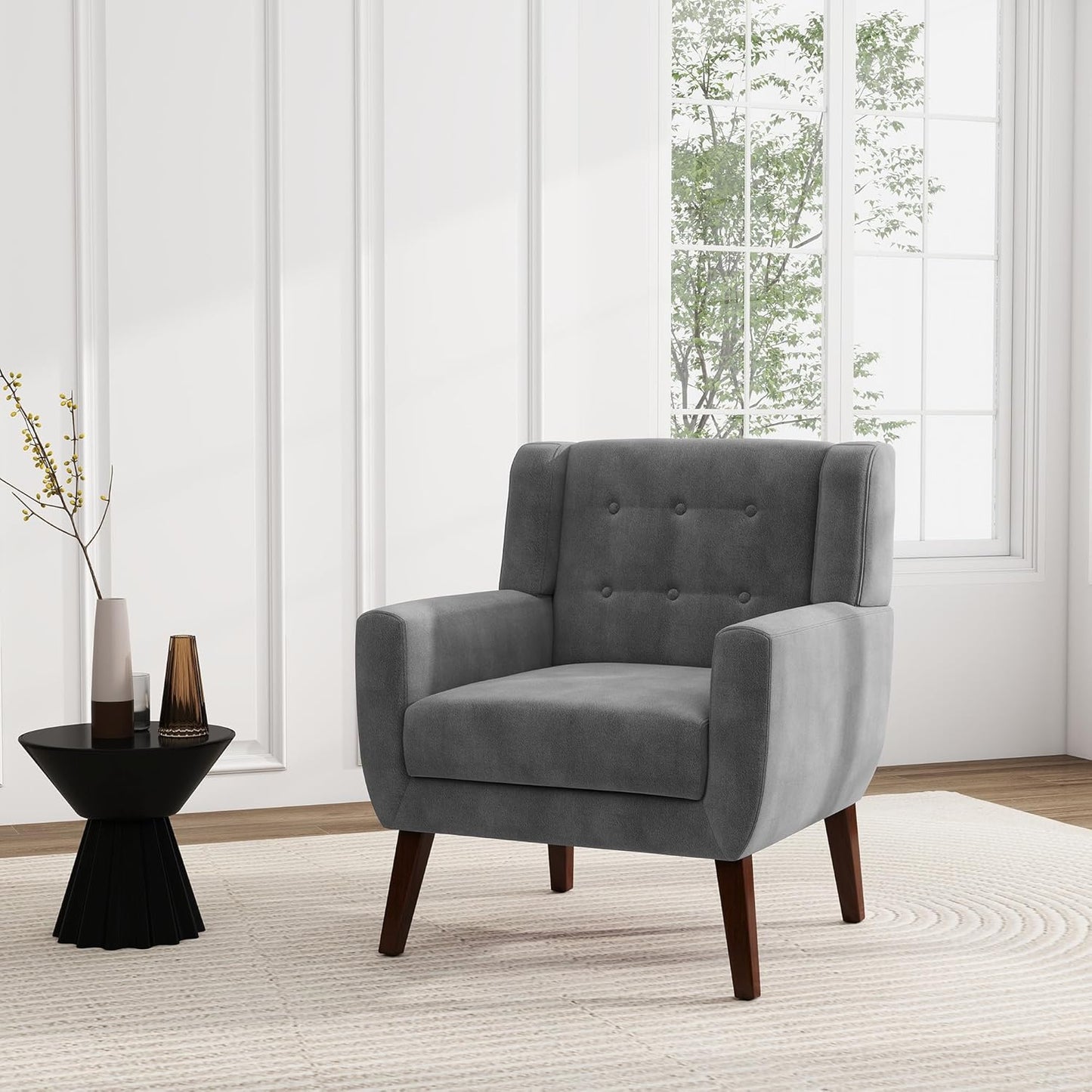 UIXE Accent Chair, Velvet Upholstered Armchair for Living Room, Modern Club Arm Chairs Comfy Single Sofa Button Tufted Bedroom Reading Seat - Gray, Set of 1