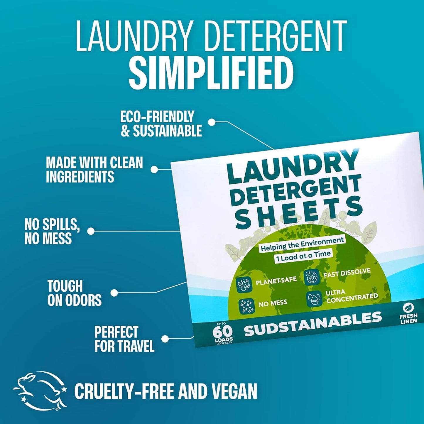Sudstainables Laundry Detergent Sheets (60 Loads) – Eco-Friendly, Zero Waste, Plastic-Free Laundry Washing Machines Soap Sheets; Dissolvable, Space-Saving Strips for Travel (Fresh Linen)