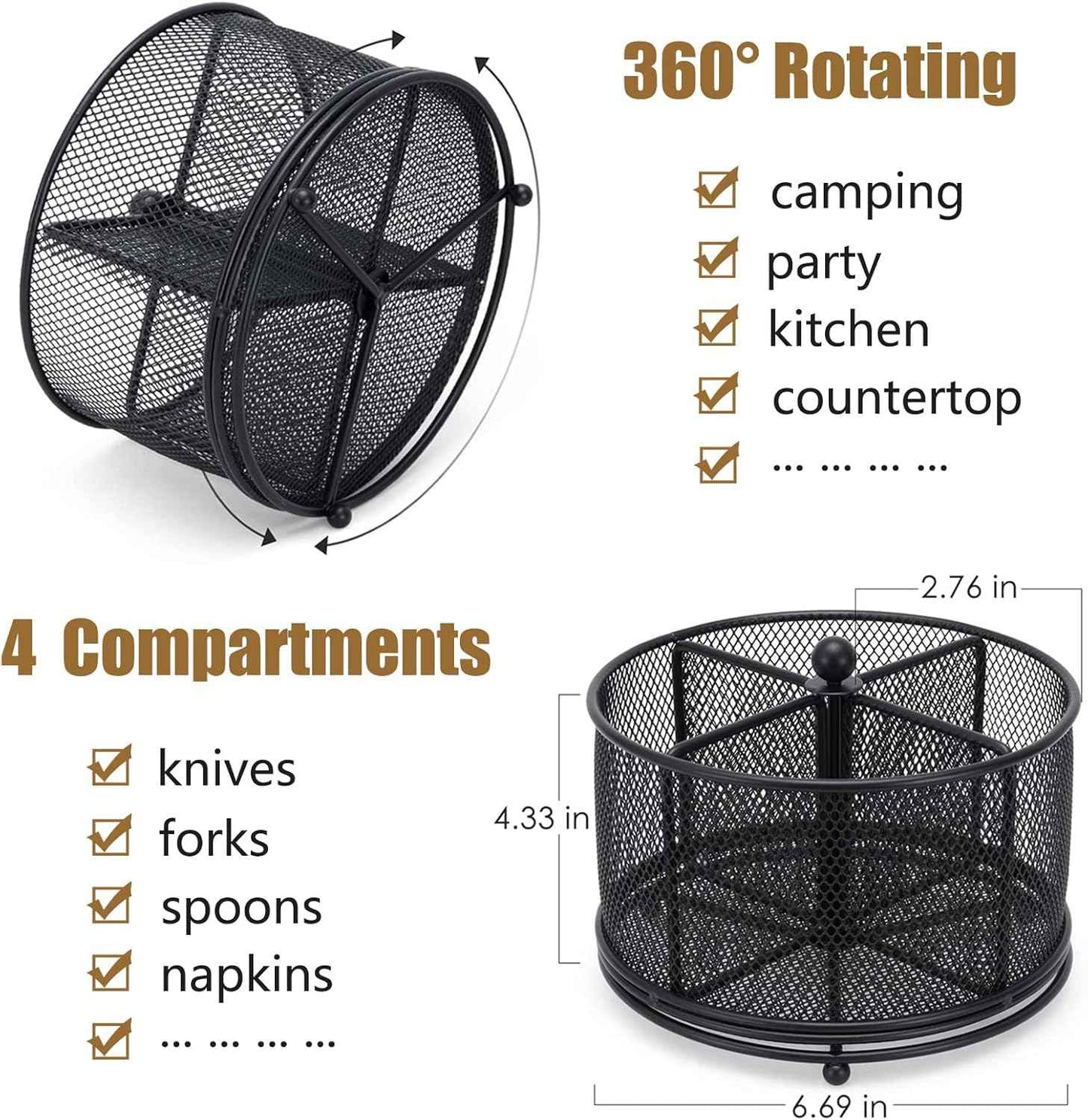 DysanVica 360° Rotating Metal Utensil Caddy - 4 Compartment Silverware Cutlery Holder Rotation Fork Spoon Napkin Organizer Flatware Storage Basket Party Countertop Buffet Picnic Camping Outdoor Black