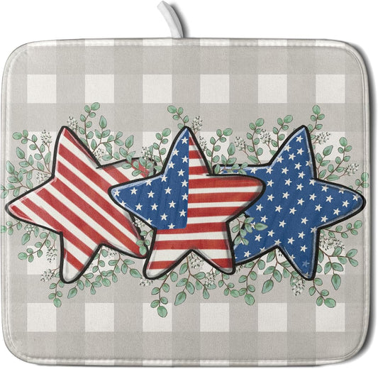 Patriotic Dish Drying Mat for Kitchen Counter Cute Stars 4th of July Holiday Absorbent Reversible Microfiber Kitchen Countertop Protector Dishes Pad Small 16x18 inch