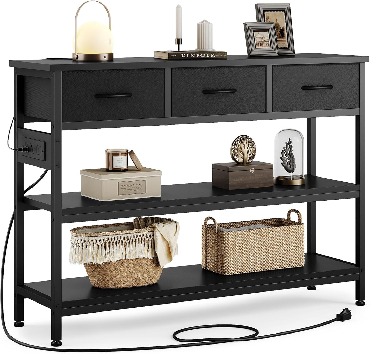 Lulive Entryway Table with Power Outlets, Console Table with 3 Fabric Drawers, Sofa Table for Living Room, Hallway, Couch, Foyer, Height Adjustable (Black, 43")