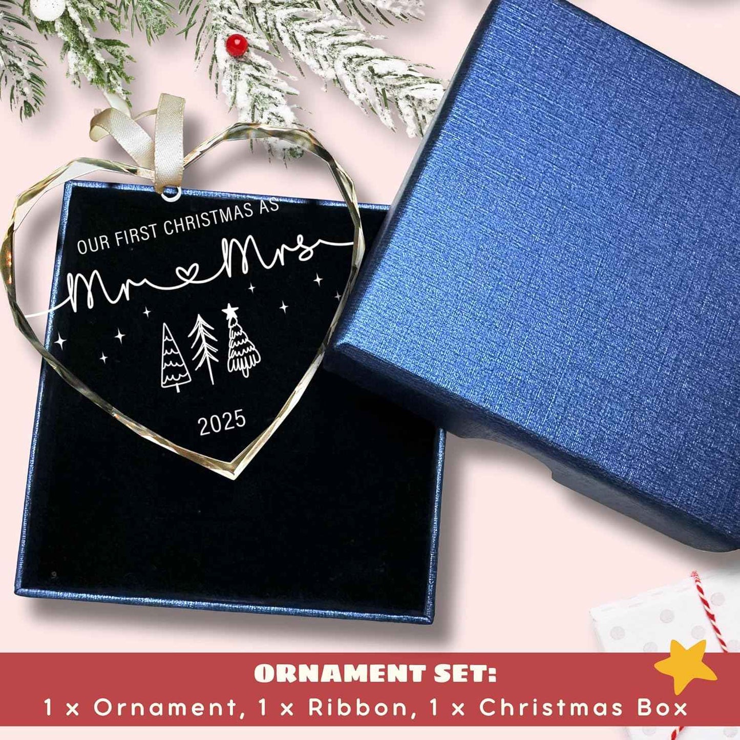First Christmas Married Ornament 2025 - Mr and Mrs Gifts, Wedding Gifts - Wedding Gift for Couples 2025, Newlyweds, Bride - Bridal Shower Gift Ideas - Glass Christmas Hanging Ornament