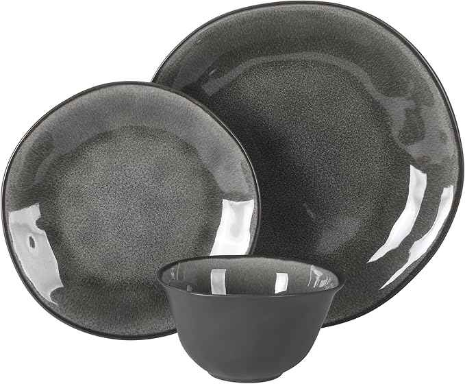 Gibson Elite Port Barton Plates and Bowls Sets, 12-Piece Stoneware Dinnerware Sets, Reactive Glaze Dish Set - Black