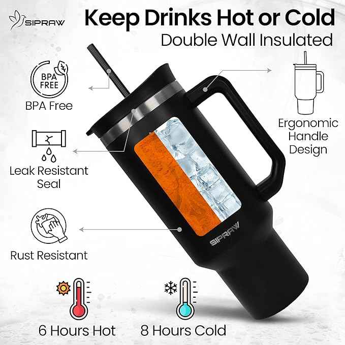 40oz Tumbler with Handle and Straw Insulated Stainless Steel Travel Mug Vacuum Double Wall Coffee Cup Leak Resistant Lid BPA-Free Cup Holder Friendly for Hot & Cold Drinks, Black