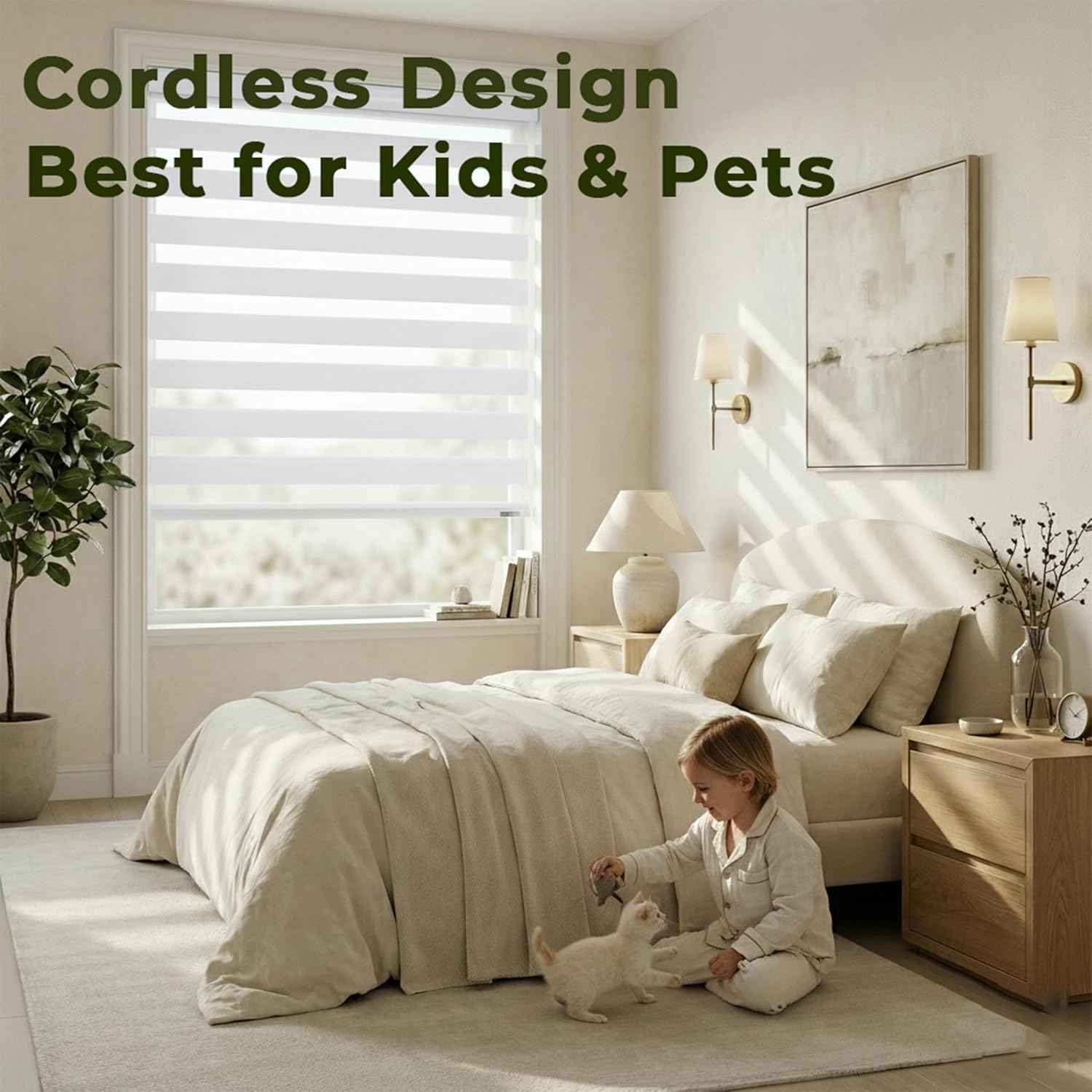 ShadesU Cordless Zebra Blinds – Light Filtering Dual-Layer Window Shades for Privacy (White Color) (Maximum Height 72") (Width 34")