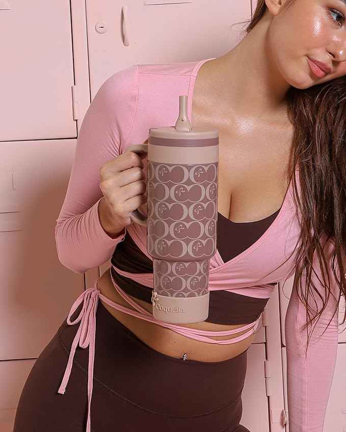 40 oz Insulated Tumbler with Handle and Push-Button Straw Lid, Stainless Steel Travel Cup for Gym Office, Leakproof, BPA-Free, Cup Holder Friendly, Bow Silicone Boot, Brown (C’ Espresso)