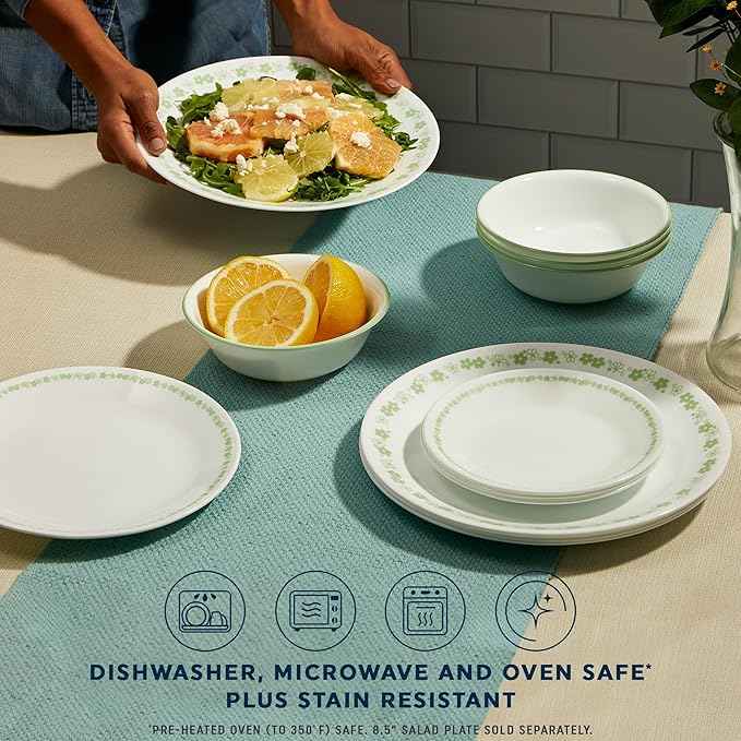 Corelle Vitrelle 18 Piece Glass Dinnerware Sets Service for 6, Triple Layer Chip & Crack Resistant Glass Plate and Bowl Sets, Spring Blossom Green