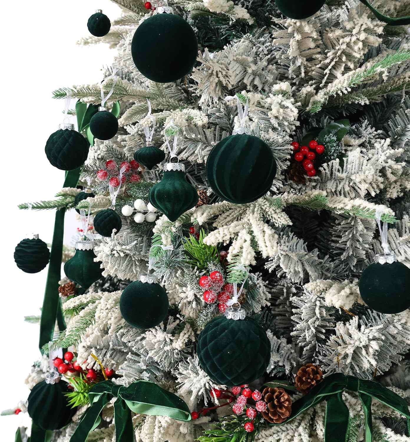 Wironlst Velvet Ornaments for Christmas Tree, 4 Style Flocked Matte Velvet Christmas Ball Ornaments, Shatterproof Decor for Xmas Tree Wedding Holiday Party Home(2.36" 25pcs Green)