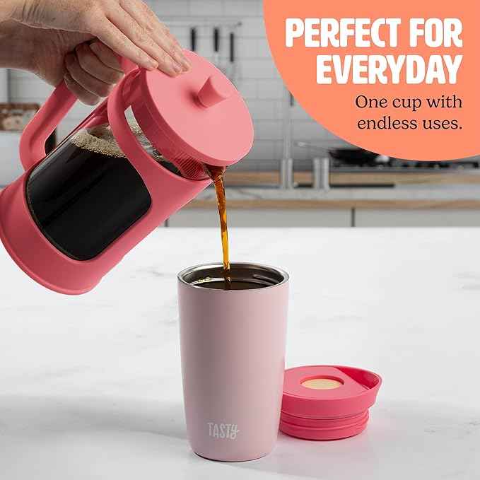Tasty 12oz Insulated Stainless Steel Push Mug, Leak-Proof Lid with One-Hand Open/Close Button, Travel Coffee Cup, Double Wall Vacuum Flask, Pink