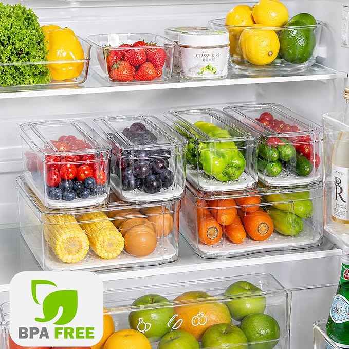 SMRCAD 10 Pack Refrigerator Organizers, Clear Container and Organizer Bins with Lids, Stackable Storage Containers for Fruits, Vegetable (Set of 10)