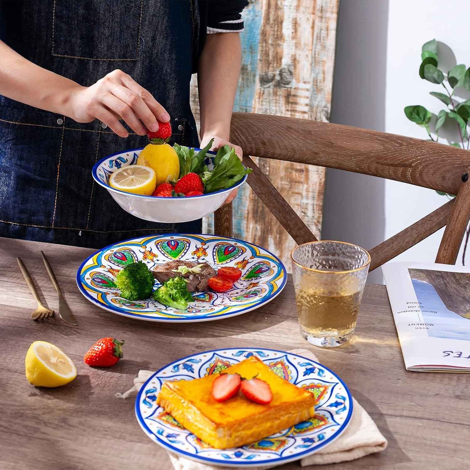 Melamine Dinnerware Set, 12 Pcs Dinner Plates Bowls Sets for Indoor and Outdoor Use, Durable Unbreakable Dishes Sets, Dishwasher Safe, BPA Free, Service for 4