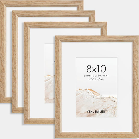 8x10 Picture Frame Set of 4 Natural Solid Oak Photo Frames with 5x7 Removable Mat Wall Hanging Large Handcrafted Frame with HD Plexiglass Wall and Tabletop Display Large Poster Frame