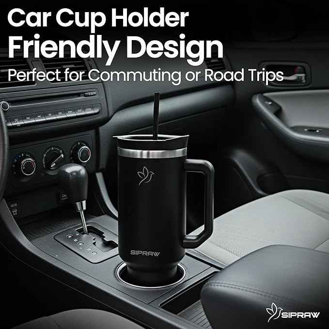 40oz Tumbler with Handle and Straw Insulated Stainless Steel Travel Mug Vacuum Double Wall Coffee Cup Leak Resistant Lid BPA-Free Cup Holder Friendly for Hot & Cold Drinks, Black