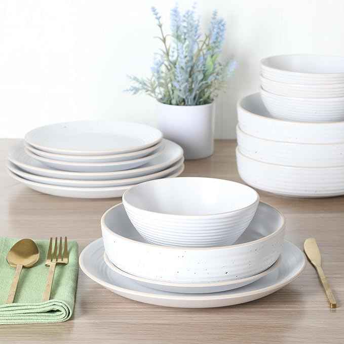 Gibson Home Dinah 16-Piece Matte White Stoneware Dinnerware Set – Double Bowl, Embossed Speckled Design, Durable Kitchen Dinnerware