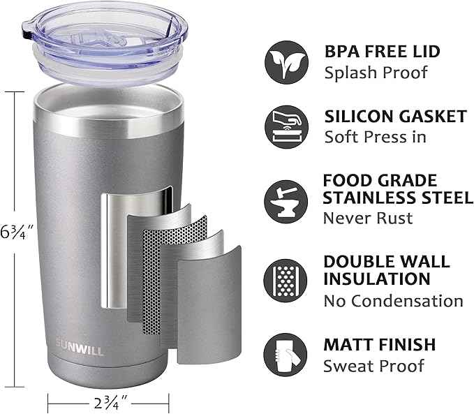 SUNWILL Travel Coffee Tumbler 20 oz, Insulated Mug with Lid, Stainless Steel Cup for Hot and Cold Drinks, Cool Grey
