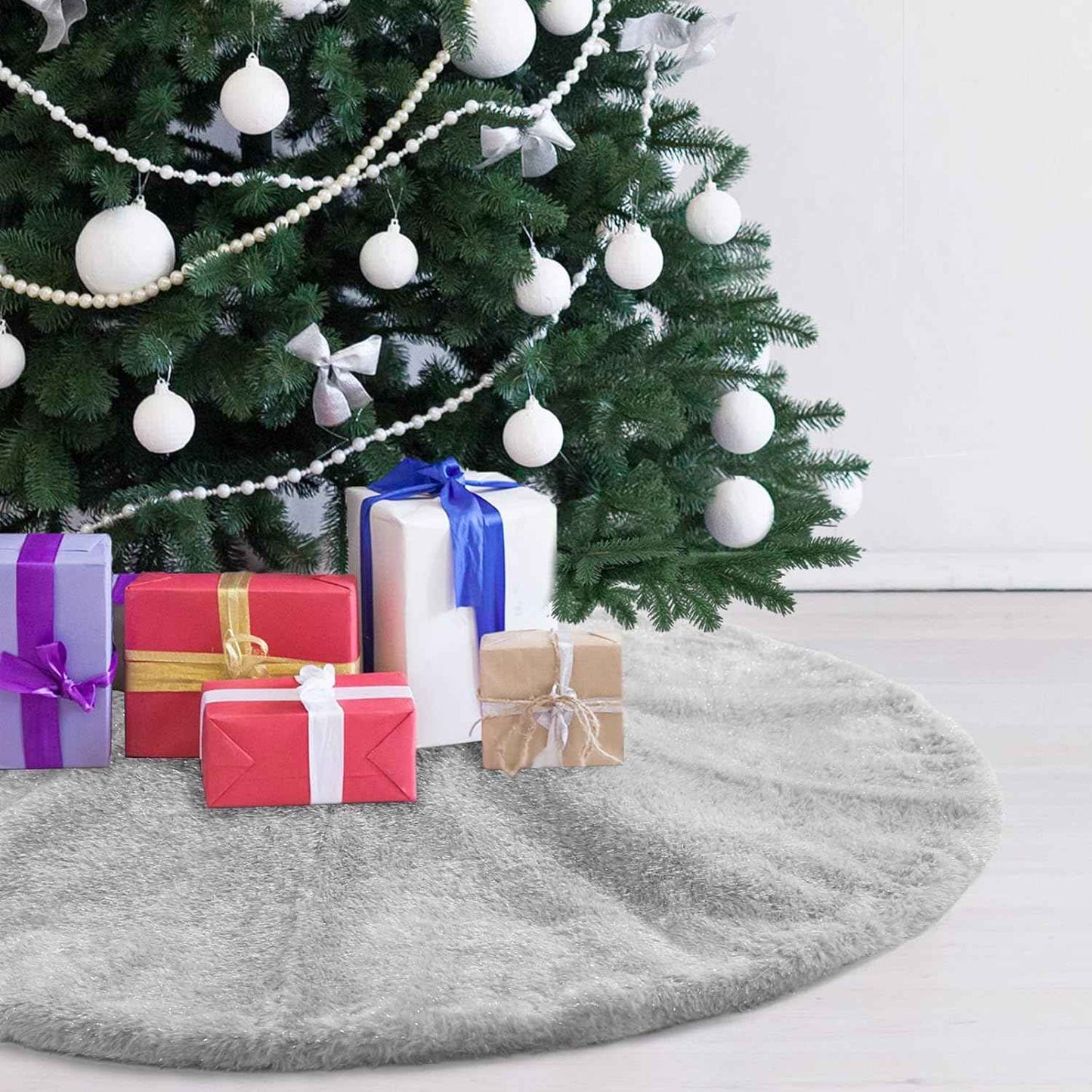 Grey Christmas Tree Plush Skirt 24 Inches Small Faux Fur Xmas Tree Skirt Base Cover Mat with Shiny Streamers for Christmas Tree Holiday Home Party Decorations - 60cm
