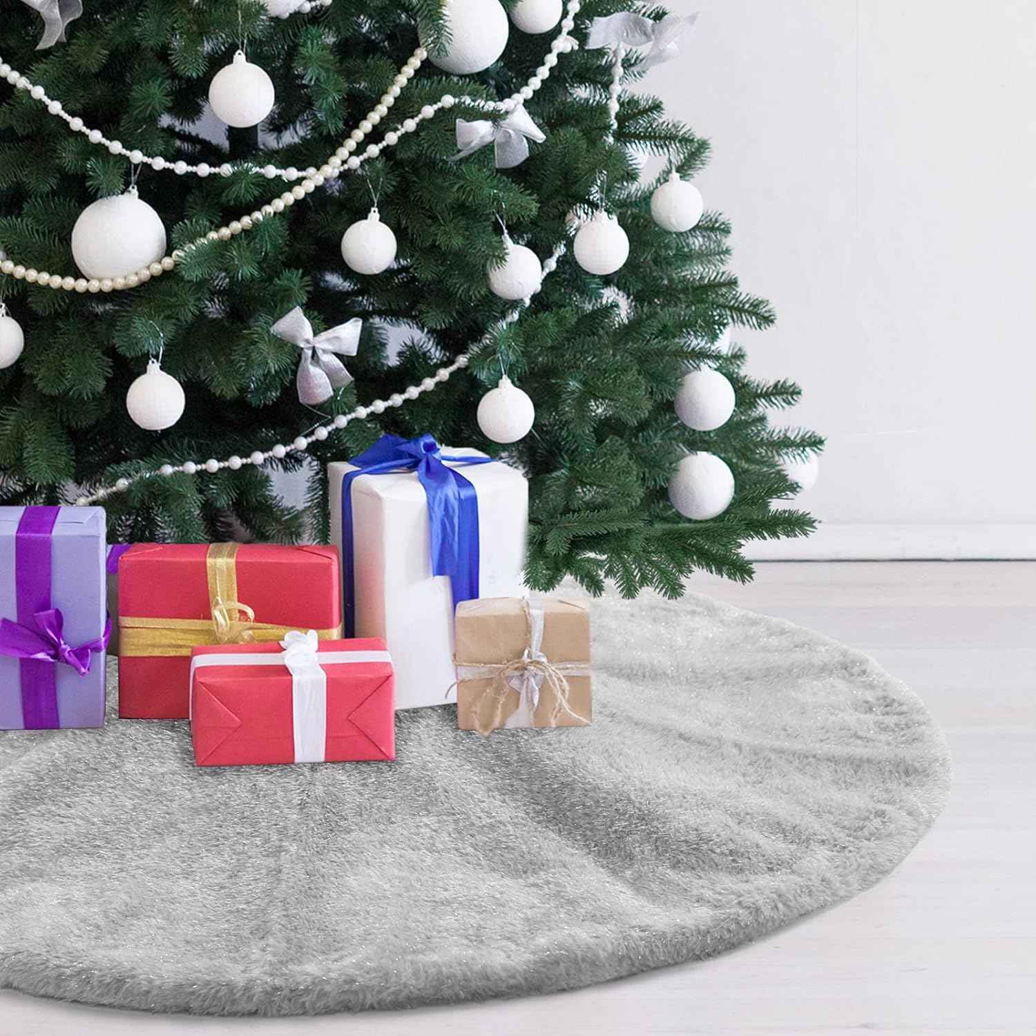 Grey Christmas Tree Plush Skirt 24 Inches Small Faux Fur Xmas Tree Skirt Base Cover Mat with Shiny Streamers for Christmas Tree Holiday Home Party Decorations - 60cm