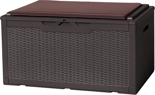 Flamaker Deck Box with Cushion 100 Gallon Waterproof Resin Storage Box with Air Rod Indoor Outdoor Lockable Storage Bench for Patio Furniture, Tools, Pool Accessories (Deep Brown)