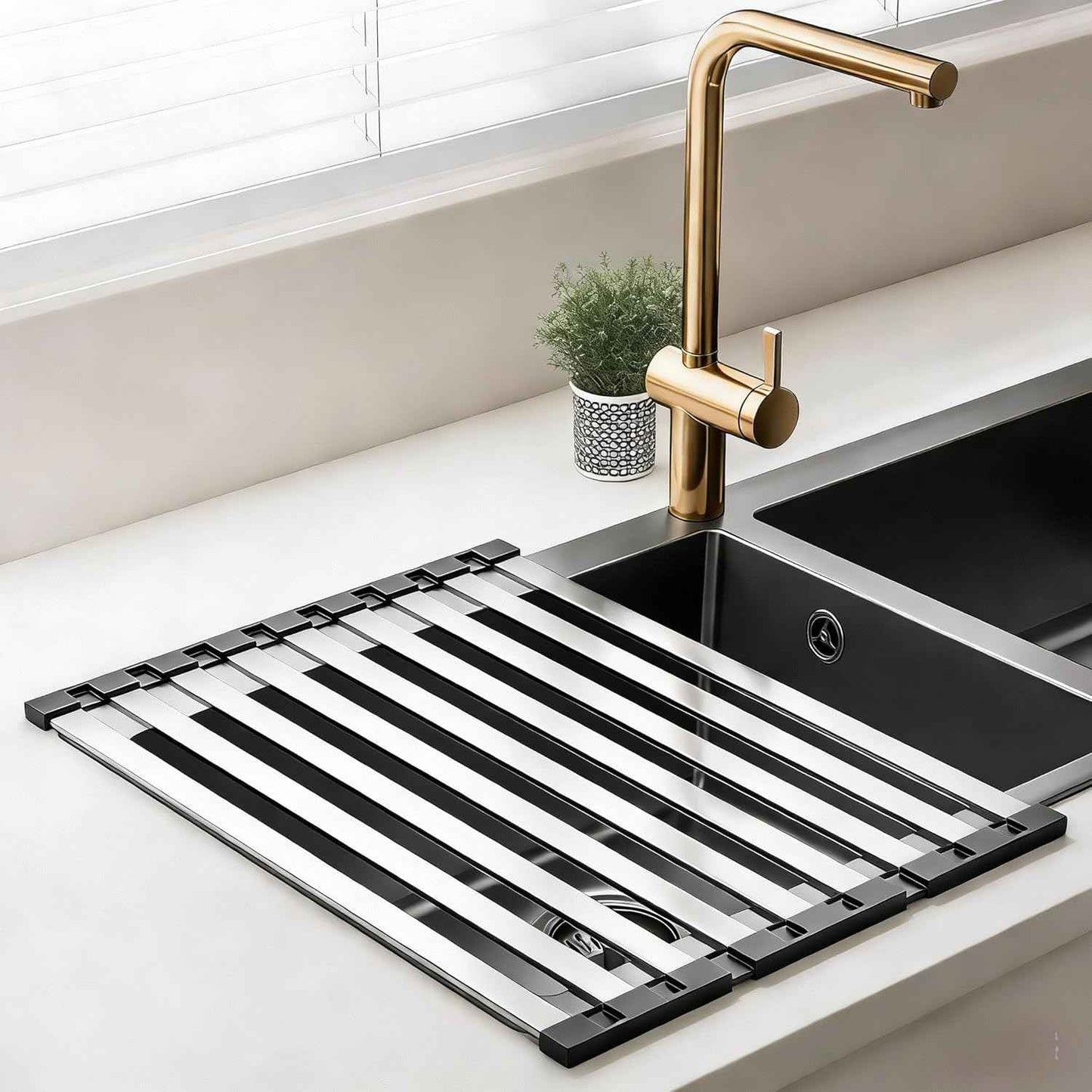 Over The Sink Kitchen Dish Drying Rack Organizer - Stainless Steel Collapsible Non-Slip Space-Saving [19.69 * 12.8IN] - Rust-Resistant Heat-Resistant Sturdy - Easy to Clean