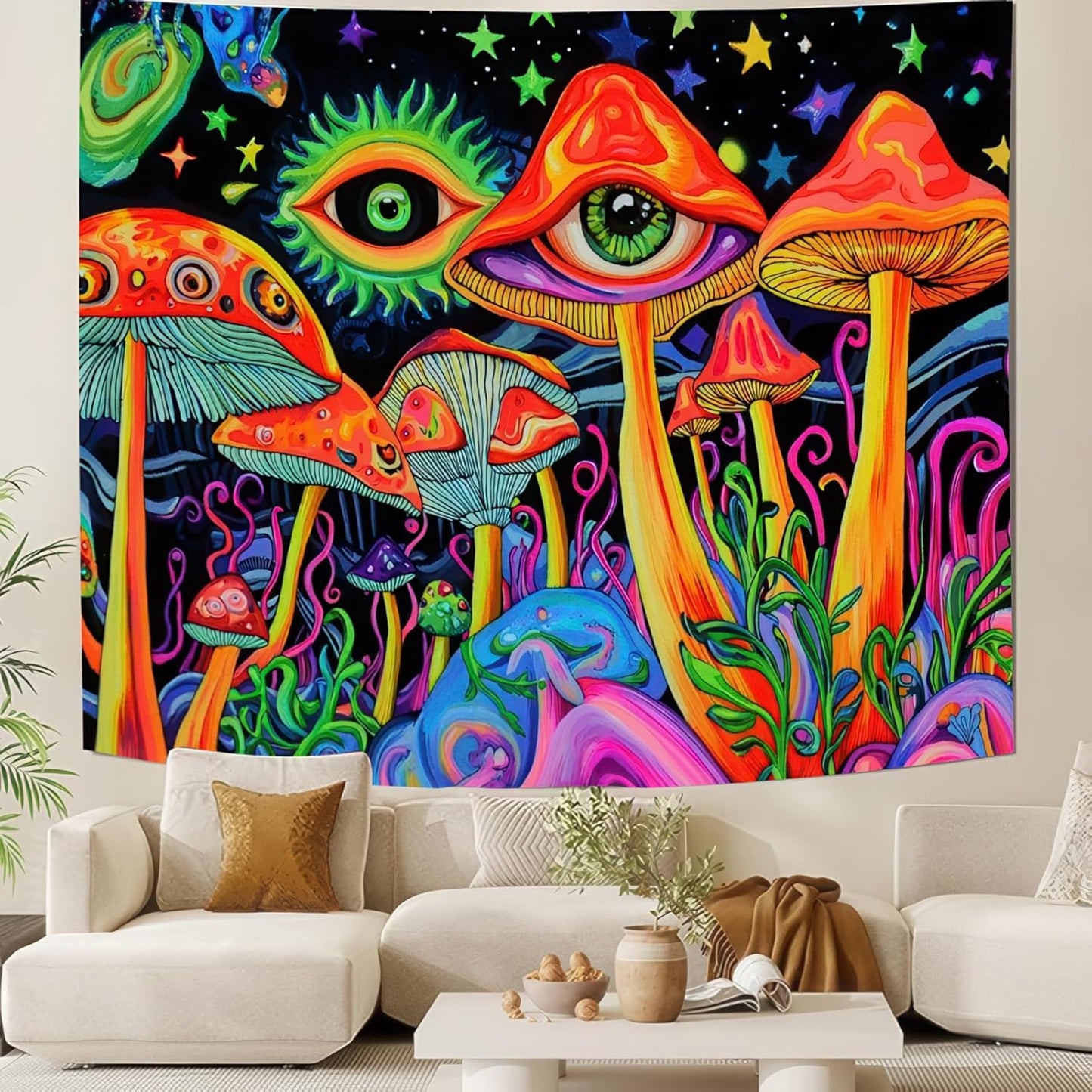 BlissYard Blacklight Tapestry Mushrooms Tapestry for Bedroom Uv Reactive Tapestry 78x59 Inches Cosmic Mushrooms Wall Hanging, Fluorescent Art Decoration with Eyes, Stars, and Psychedelic Design