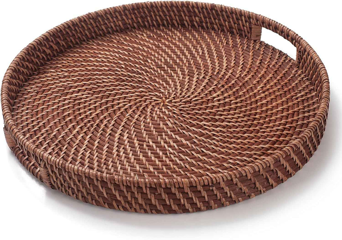 16.9 inch Rattan Tray, Round Wicker Tray with Cut-Out Handles, Woven Serving Tray for Dining/Coffee Table