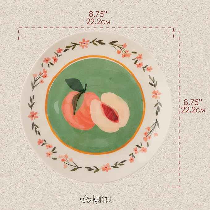 Karma, 8.75 inches Melamine Salad Plates Set of 4, Reusable Dishwasher Safe Plates for Outdoor and Indoor, Pink Bows