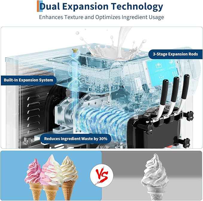 Commercial 1+2 Flavor Countertop Soft Ice Cream Machine, 5.8 to 7.9 Gal per Hour Soft Serve with 7" Touch Panel, 2200W, 115V, Auto Clean, High Productivity, Perfect for Snack Bar