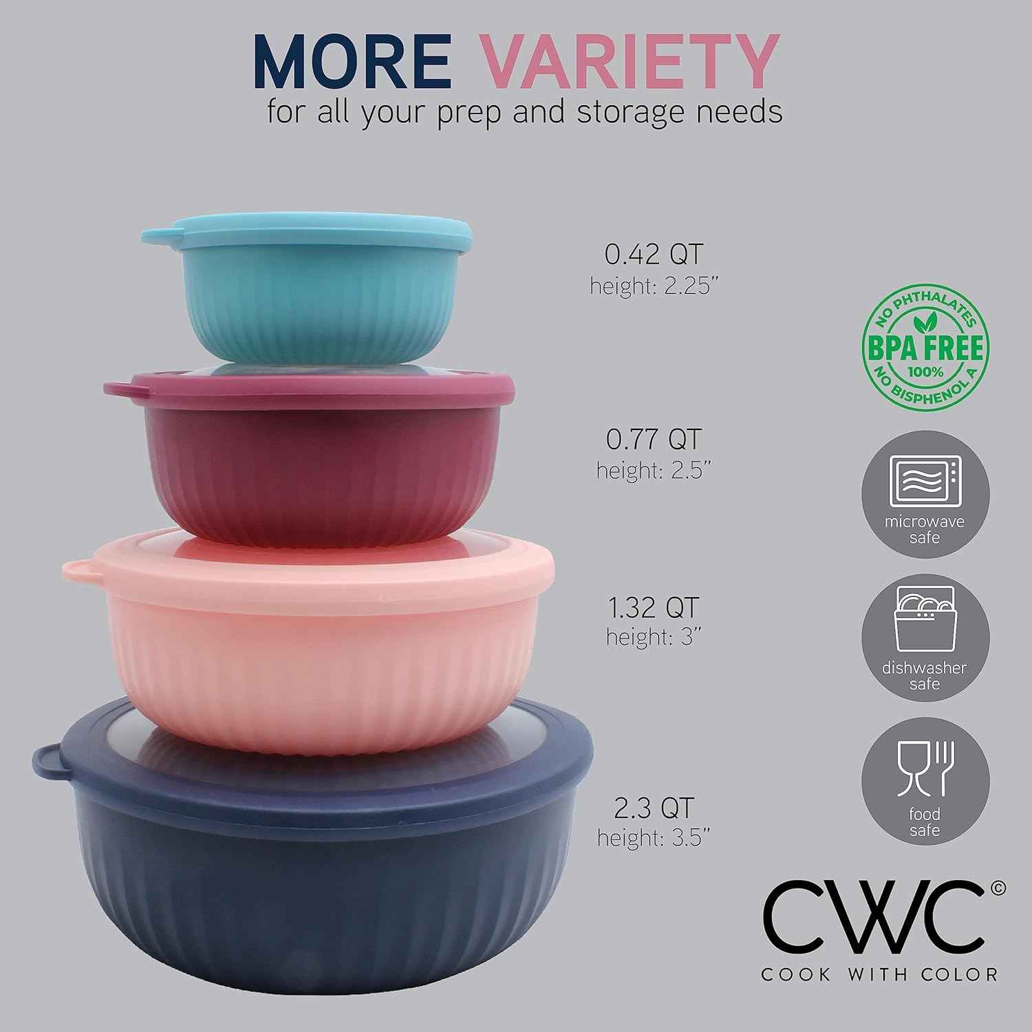 COOK WITH COLOR Prep Bowls with Lids- Wide and Deep Nesting Plastic Small Mixing Bowl Set with Lids, 8 Piece Set - Wide Bowls, Navy