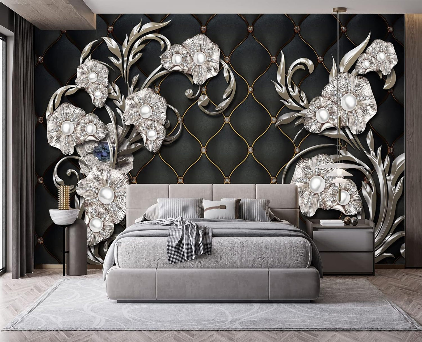 Black Hard Wrapped Pearl Embossed Flowers Wall Mural Wallpaper for Bedroom 178" x 117"