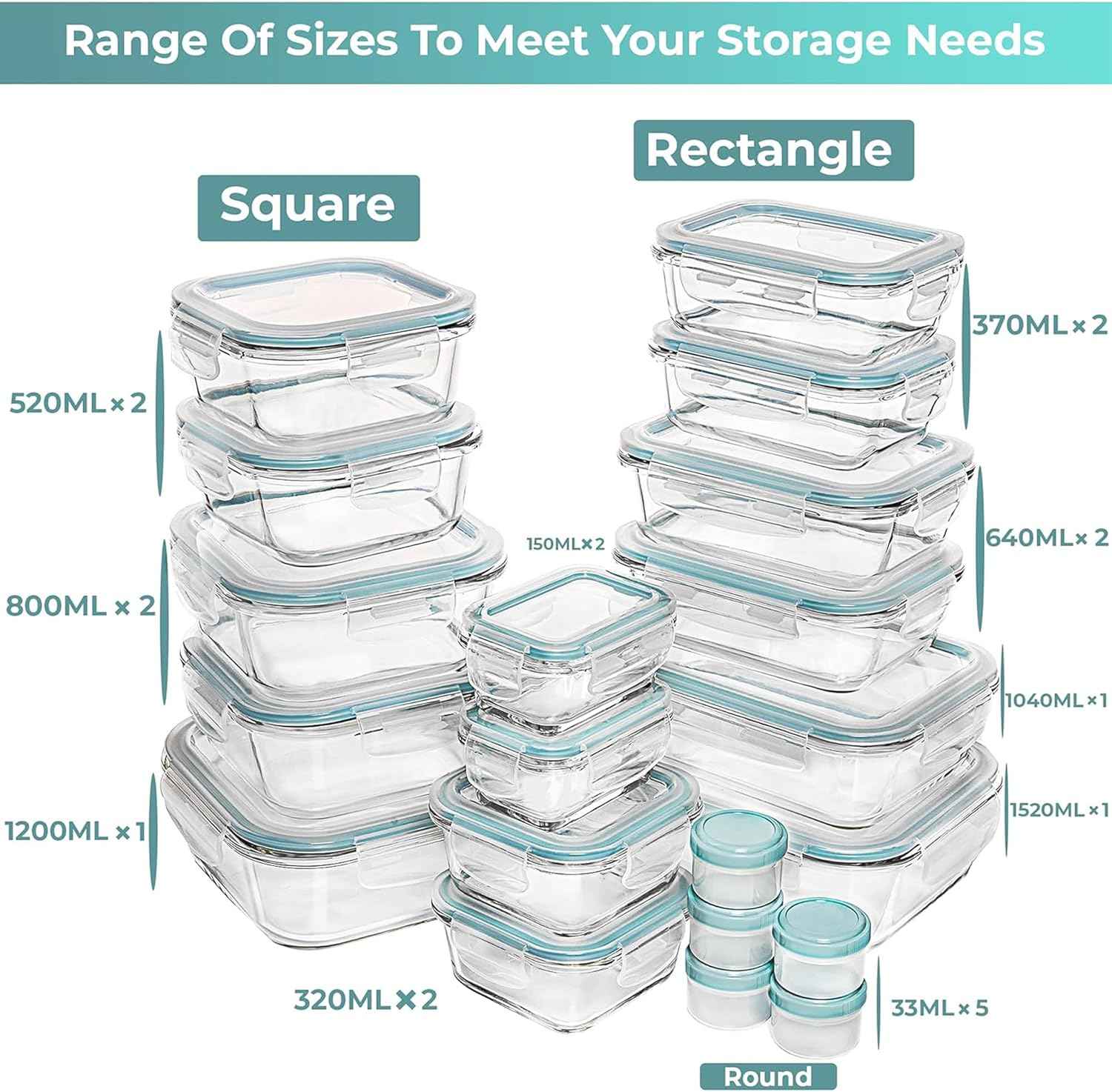 Razab 35 Pc Set Glass Food Storage Containers with Lids - Meal Prep Airtight Bento Boxes BPA-Free 100% Leak Proof (15 lids,15 glass & 5 Plastic Sauce/Dip Containers)