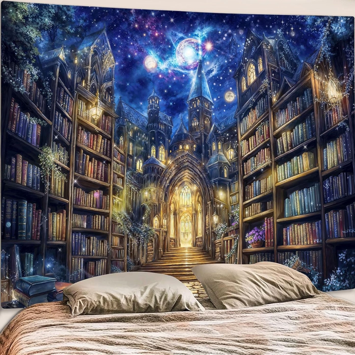 Accnicc Fantasy Bookshelf Tapestry Space Library Tapestries Wall Hanging Gothic Galaxy Castle Magic Book Large Tapestry for Bedroom Living Room Dorm Classroom 80 x 60 inch