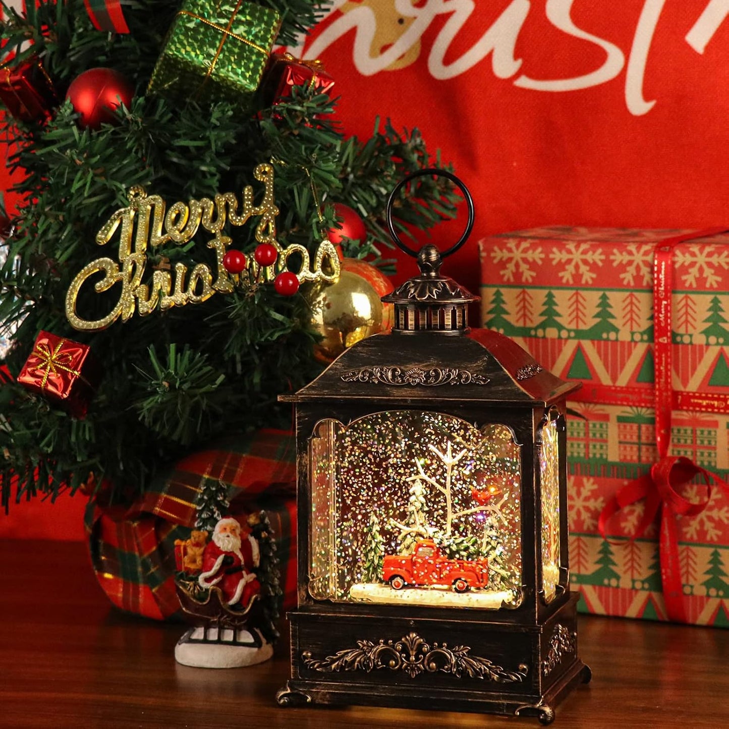 GenSwin Christmas Car Snow Globe Lantern Battery Operated Water Swirling Glitter with 6H Timer, Musical LED Lighted Scene for Christmas Home Decoration Gift