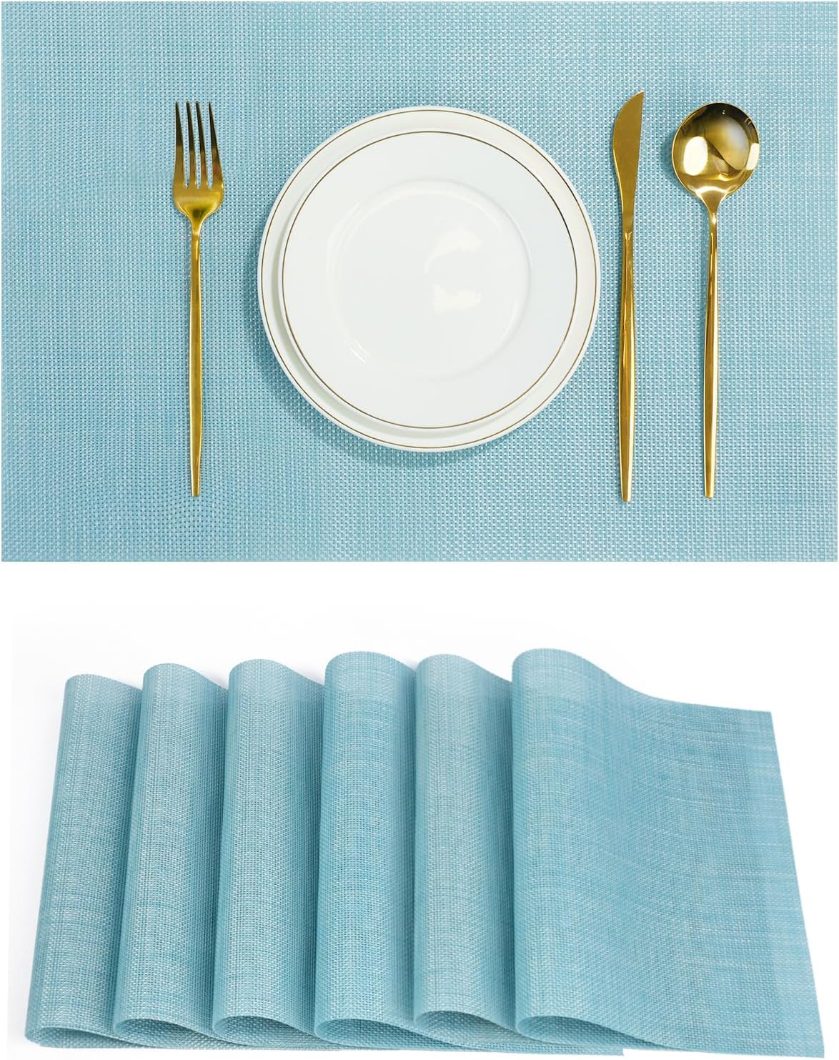 Placemats Set of 6，Non-Slip PVC Weave Table Mats Easy to Clean，Heat Resistant Place Mats for Kitchen Dining Table Decoration Indoor Outdoor，Blue