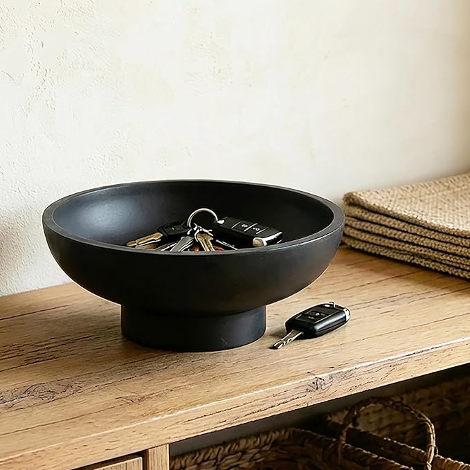 Catch All Decorative Fruit Bowl with Pedestal —Key, Purse & Trinket Holder | Entryway Table, Kitchen Counter, Coffee Console Decor | Modern Minimalist,Black
