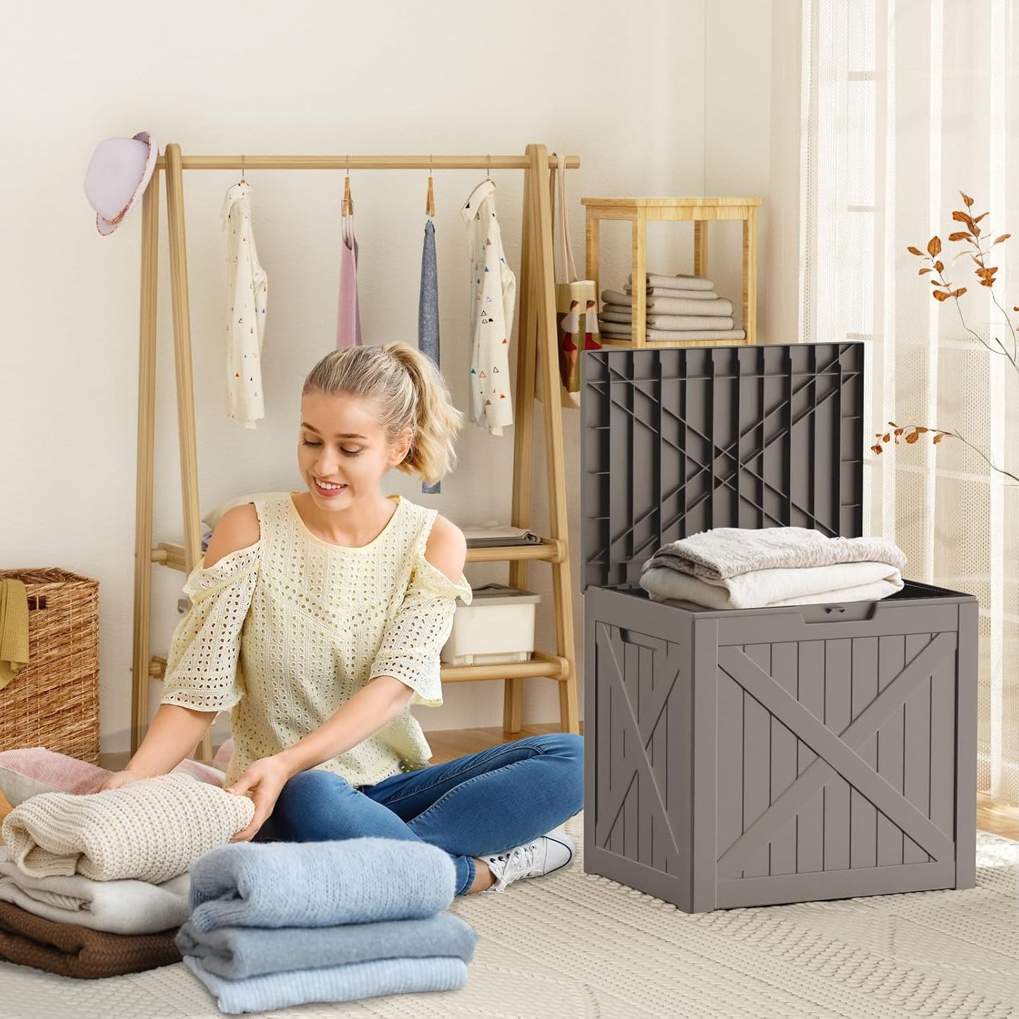 Vixzen 32 Gallon Resin Deck Box - Lockable Outdoor Storage for Patio Cushions, Garden Tools, Pool Supplies，Grey