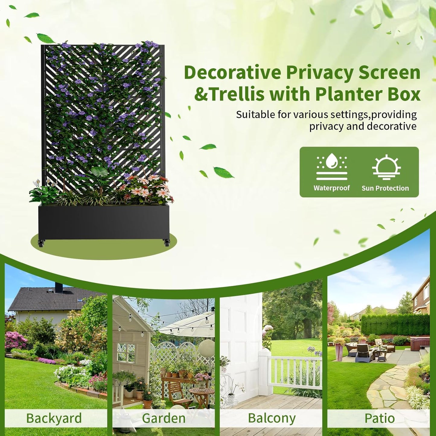 Metal Planter Box with Trellis and Wheels, 73"x47"x16" Galvanized Steel Raised Garden Bed with Drainage Holes, Outdoor Planter with Privacy Screen Function for Climbing Plants and Vines, Black