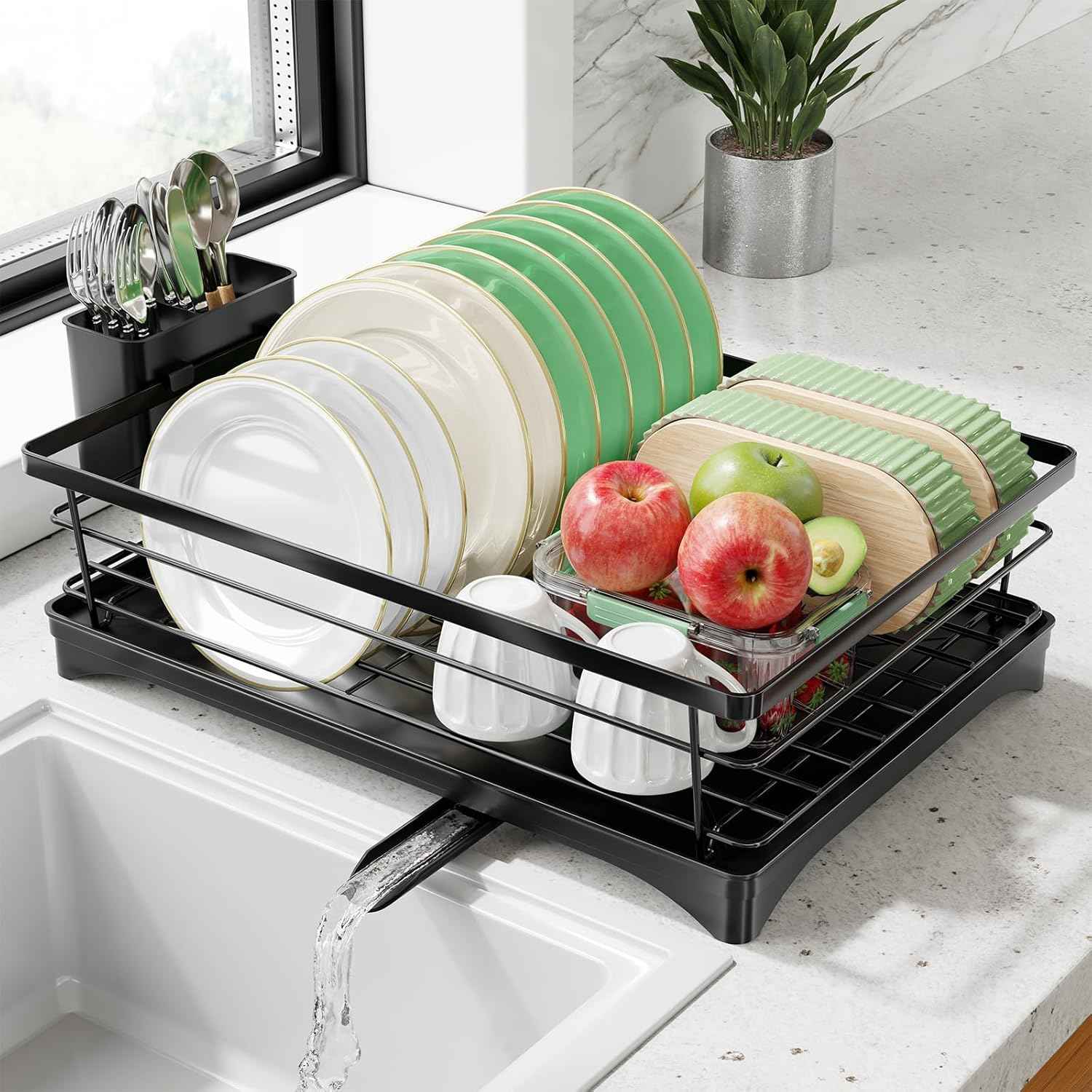 Simple Trending Dish Drying Rack, Stainless Steel Dish Rack for Kitchen Counter, Space-Saving Dish Drainer with Utensil Holder and Drainboard, 12''W x 17''L, Black